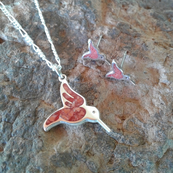 Sterling Silver Vintage Red Coral Hummingbird necklace SET - Picture 6 of 9
